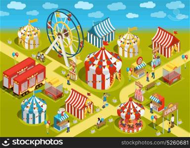 Amusement Park Circus Attractions Isometric Illustration. Amusement park travel circus attractions colorful isometric poster with classic striped tents and ferris observation wheel vector illustration