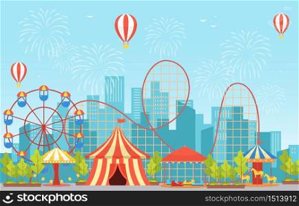 Amusement Park Circus Carnival Festival Fun Fair with Firework Landscape Illustration