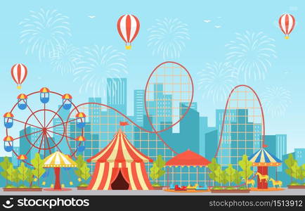 Amusing park festival. Amusement attractions landscape, kids carousel ...