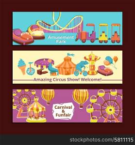 Amusement park circus show and carnival horizontal banners set isolated vector illustration. Amusement Park Banners