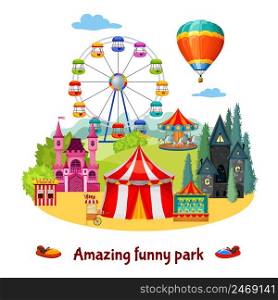 Amusement park colorful composition with extreme and adventure entertainments on natural landscape background vector illustration. Amusement Park Composition