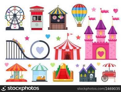 Amusement park colorful objects set with extreme and inflatable attractions circus tent street food isolated vector illusration . Amusement Park Colorful Objects Set