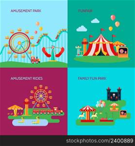 Amusement park concept icons set with amusement rides symbols flat isolated vector illustration . Amusement Park Concept Icons Set