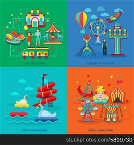 Amusement park design concept set with extreme water family attractions flat icons isolated vector illustration. Amusement Park Flat