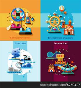 Amusement park design concept set with gaming entertainment attractions water and extreme rides flat icons isolated vector illustration