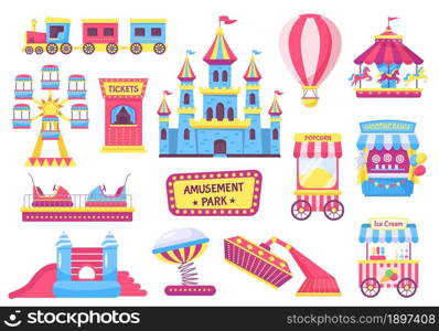 Amusement park elements, festival or carnival fairground games. Roller coaster, train, carousel, circus tent, fair attractions vector set. Popcorn and ice cream food stalls, flying hot air balloon. Amusement park elements, festival or carnival fairground games. Roller coaster, train, carousel, circus tent, fair attractions vector set