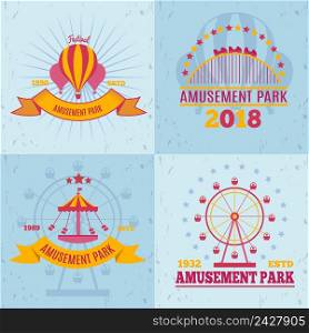 Amusement park emblems 2x2 design concept with flat logo compositions attraction images shapes and decorative text vector illustration. Fairground Attractions Design Concept