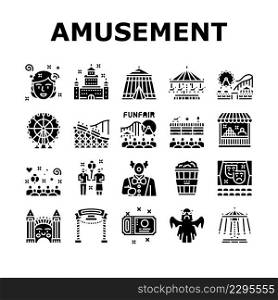 Amusement Park Entertainment Icons Set Vector. Amusement Park Rollercoaster Attraction And Swing Carousel, Circus Clown Spectacle And Festival Glyph Pictograms Black Illustrations. Amusement Park Entertainment Icons Set Vector