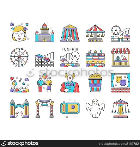 Amusement Park Entertainment Icons Set Vector. Amusement Park Rollercoaster Attraction And Swing Carousel, Circus Clown Spectacle And Festival Line. Popcorn Food And Ticket Color Illustrations. Amusement Park Entertainment Icons Set Vector
