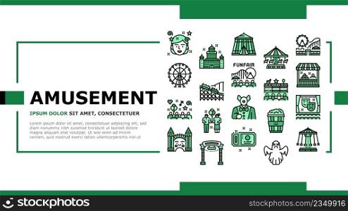 Amusement Park Entertainment Landing Web Page Header Banner Template Vector. Amusement Park Rollercoaster Attraction Swing Carousel, Circus Clown Spectacle Festival. Popcorn Food Ticket Illustration. Amusement Park Entertainment Landing Header Vector
