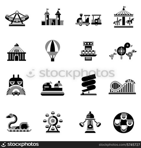 Amusement park fairground games and attractions icons black set isolated vector illustration