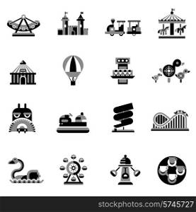 Amusement park fairground games and attractions icons black set isolated vector illustration