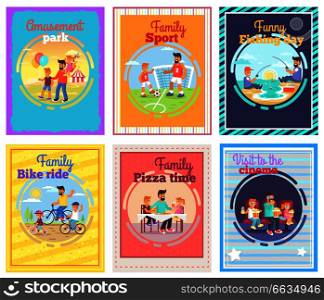 Amusement park, family sport, funny fishing day, family bike ride, pizza time and visit to cinema with father vector illustration.. Father Spends Time with Children Illustrations Set