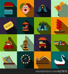 Amusement park flat icons set for web and mobile devices. Amusement park flat icons set