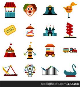 Amusement park flat icons set isolated on white background. Amusement park flat icons set
