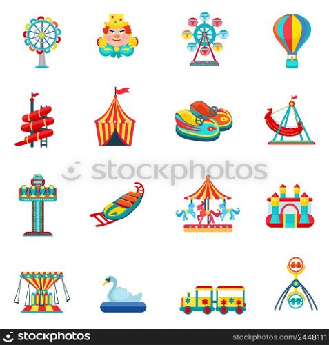 Amusement park for children with attractions and fun icons set flat isolated vector illustration . Amusement park icons set