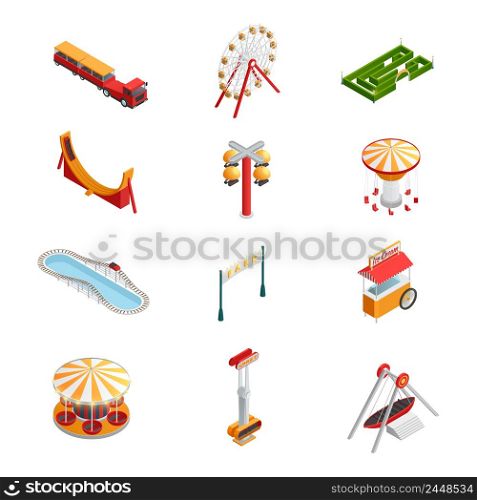 Amusement park for children with attractions isometric icons set isolated vector illustration . Amusement Park Icons Set