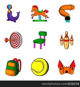 Amusement park for teenager icons set. Cartoon set of 9 amusement park for teenager vector icons for web isolated on white background. Amusement park for teenager icons set, cartoon style