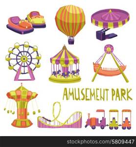 Amusement park funfair carnival summer attraction icons set isolated vector illustration. Amusement Park Icons Set