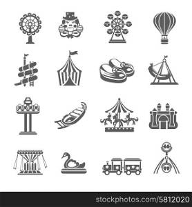 Amusement park grey icons set with clown balloon merry-go-round isolated vector illustration. Amusement Park Icons Set
