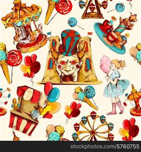 Amusement park hand drawn seamless pattern with family attractions and sweets vector illustration. Amusement Park Seamless