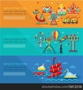 Amusement park horizontal banner set with water family extreme attractions flat elements isolated vector illustration. Amusement Park Banner