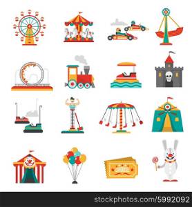 Amusement Park Icons. Amusement park flat icons set with family attractions isolated vector illustration