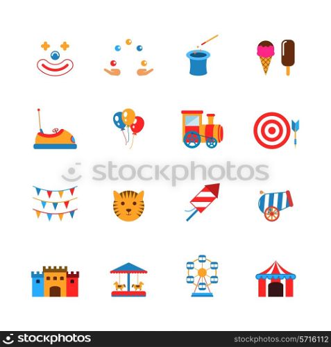 Amusement park icons flat set with clown juggler balloons isolated vector illustration