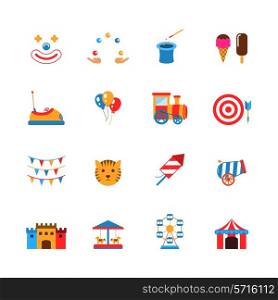 Amusement park icons flat set with clown juggler balloons isolated vector illustration