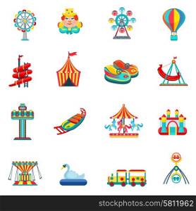Amusement park icons set. Amusement park for children with attractions and fun icons set flat isolated vector illustration