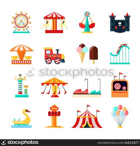 Amusement Park Icons Set . Amusement park for children with attractions icons set flat isolated vector illustration