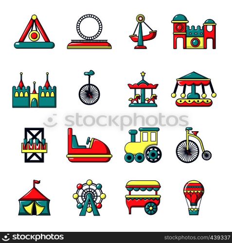 Amusement park icons set. Cartoon illustration of 16 amusement park vector icons for web. Amusement park icons set, cartoon style