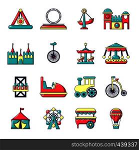 Amusement park icons set. Cartoon illustration of 16 amusement park vector icons for web. Amusement park icons set, cartoon style