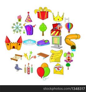 Amusement park icons set. Cartoon set of 25 amusement park icons for web isolated on white background. Amusement park icons set, cartoon style