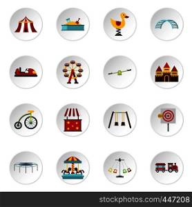 Amusement park icons set in flat style. Attraction park set collection vector icons set illustration. Amusement park icons set, flat style