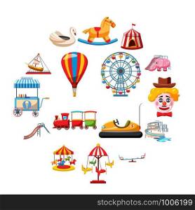 Amusement park icons set in flat style. Attraction park set collection vector illustration. Amusement park icons set, flat style