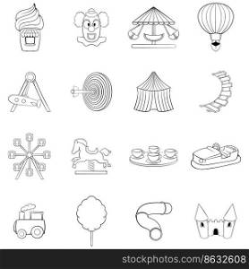 Amusement Park icons set in outline style isolated on white background. Amusement Park icons set vector outline