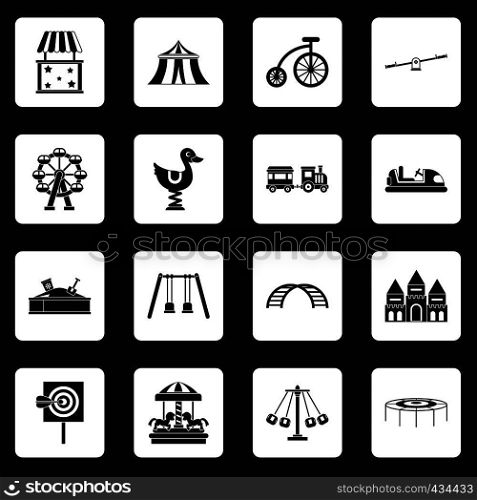 Amusement park icons set in white squares on black background simple style vector illustration. Amusement park icons set squares vector