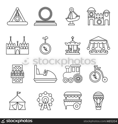 Amusement park icons set. Outline illustration of 16 amusement park vector icons for web. Amusement park icons set, outline style