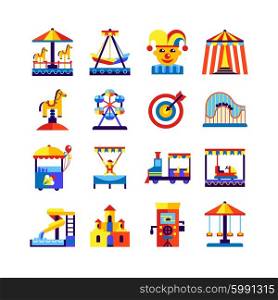 Amusement Park Icons Set. Retro amusement park icons set with swing roundabout castle train and equipment of playground isolated vector illustration