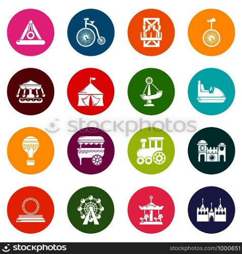 Amusement park icons set vector colorful circles isolated on white background . Amusement park icons set colorful circles vector
