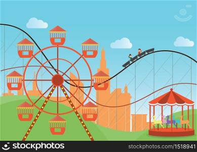 Amusement park in flat colorful with the Ferris wheel and the roller coaster attractions, vector illustration.