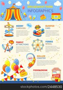Amusement park infographics layout with carousel and attractions vector illustration. Amusement park potential infographics layout