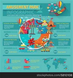 Amusement park infographics set with family attractions symbols and charts vector illustration. Amusement Park Infographics