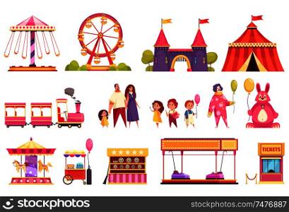 Amusement park isolated icons set of autodrome train carousel medieval castle attractions circus tent and visitors cartoon vector illustration
