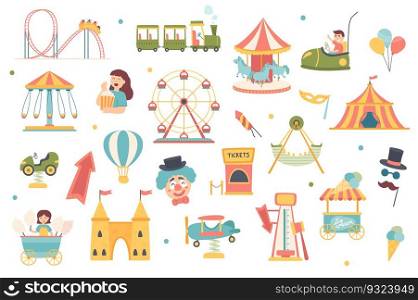 Amusement park isolated objects set. Collection of carousels and attractions, roller coasters, popcorn, clown, children, cotton candy, ice cream. Vector illustration of design elements in flat cartoon
