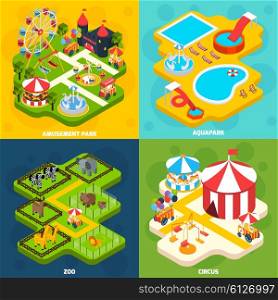 Amusement Park Isometric 4 Icons Square . Amusement park with aqua attractions elements 4 isometric vector icons square composition banner abstract isolated vector illustration