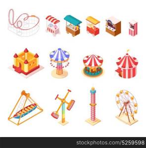 Amusement Park Isometric Cartoon Icons Set. Amusement park isometric cartoon icons set with seesaw medieval castle ferris wheel circus tent popcorn and ice cream booths isolated vector illustration