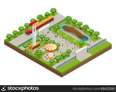 Amusement Park Isometric Concept . Amusement park isometric concept with roller coaster and train symbols vector illustration