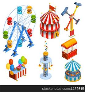 Amusement Park Isometric Decorative Icons. Amusement park isometric decorative icons set with ferris wheel circus tent popcorn vendor balloons and gift booths in cartoon style isolated vector illustration